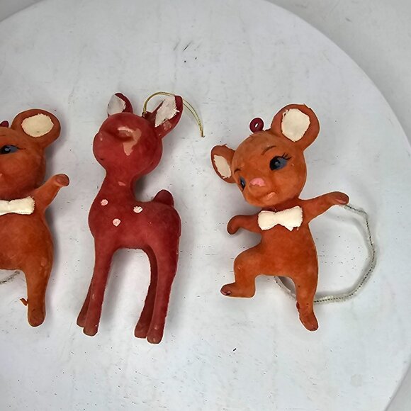 Vintage Flocked Dancing Mouse & Deer Christmas Ornaments Set - Picture 4 of 7